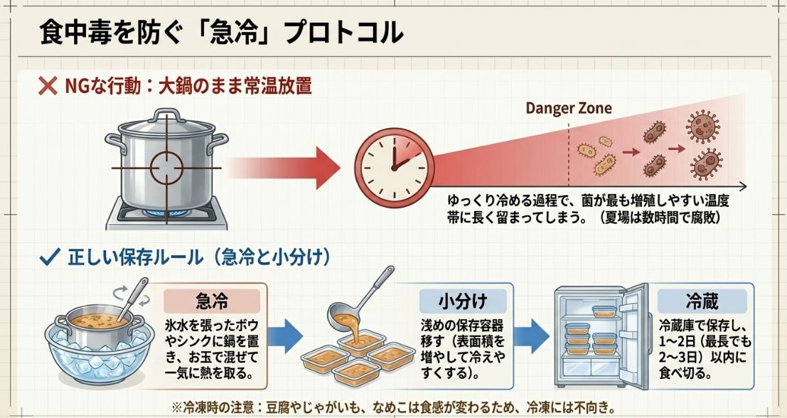 鍋のまま放置するNG行動に対し、氷水での「急冷」、表面積を増やす「小分け」、冷蔵庫での保存（2〜3日以内）といった正しい保存手順をイラストで解説 。