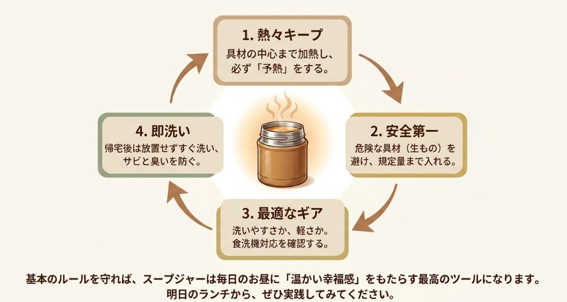 熱々キープ、安全第一、最適なギア、即洗いの4点をまとめた、スープジャーを安全に楽しむための総括。