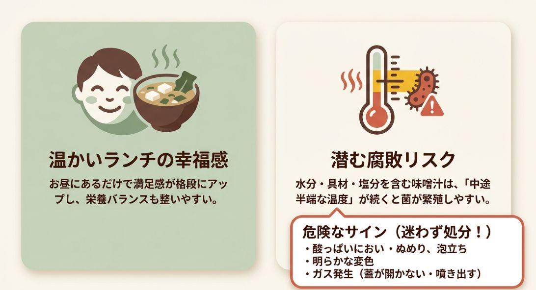 水分や具材、塩分を含む味噌汁の腐敗リスクと、酸っぱいにおいやガスの発生など、処分すべき危険なサインの解説。