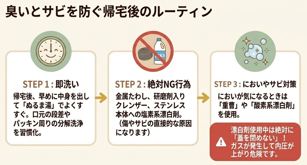 即洗いの習慣化、金属たわし等のNG行為、重曹や酸素系漂白剤を使ったにおい対策(蓋を閉めない)の解説。