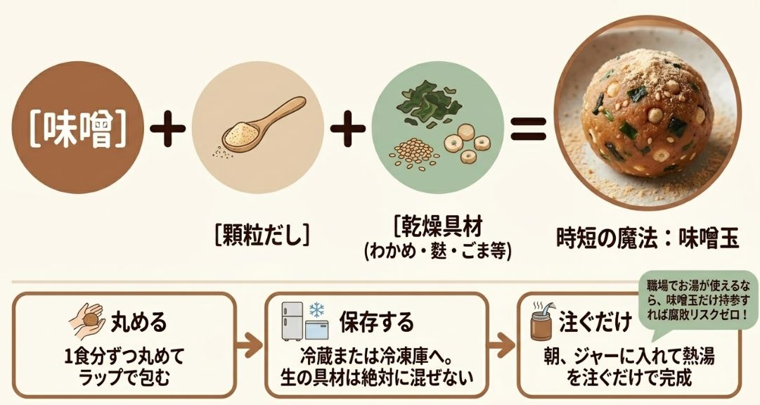 味噌・だし・乾燥具材を丸めて保存し、朝ジャーに入れてお湯を注ぐだけの味噌玉の活用手順。