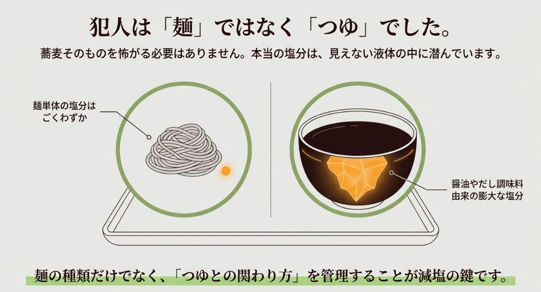 そばつゆが入ったカップの断面図。つゆの中に氷山のような巨大な塩の結晶が隠れており、「麺単体の塩分はごくわずか」であるのに対し、「醤油やだし調味料由来の膨大な塩分」が潜んでいることを図解したイラスト。
