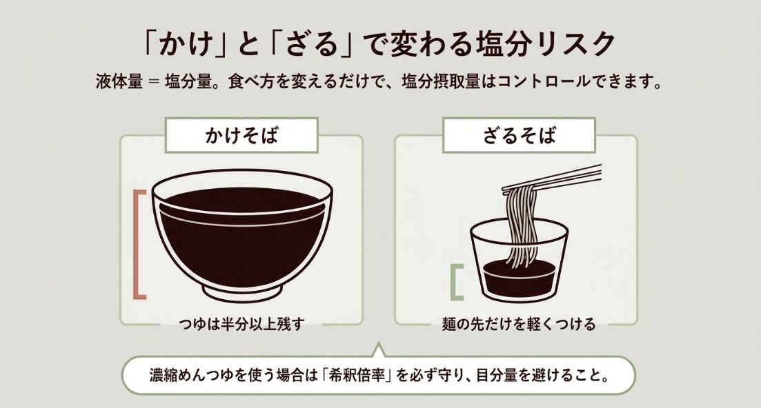 かけそばとざるそばの食べ方による塩分量の違いを比較したイラスト。