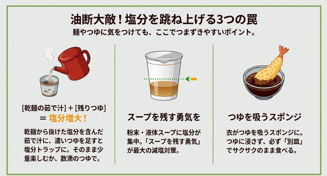 注意すべき3つの塩分トラップを解説したイラスト。