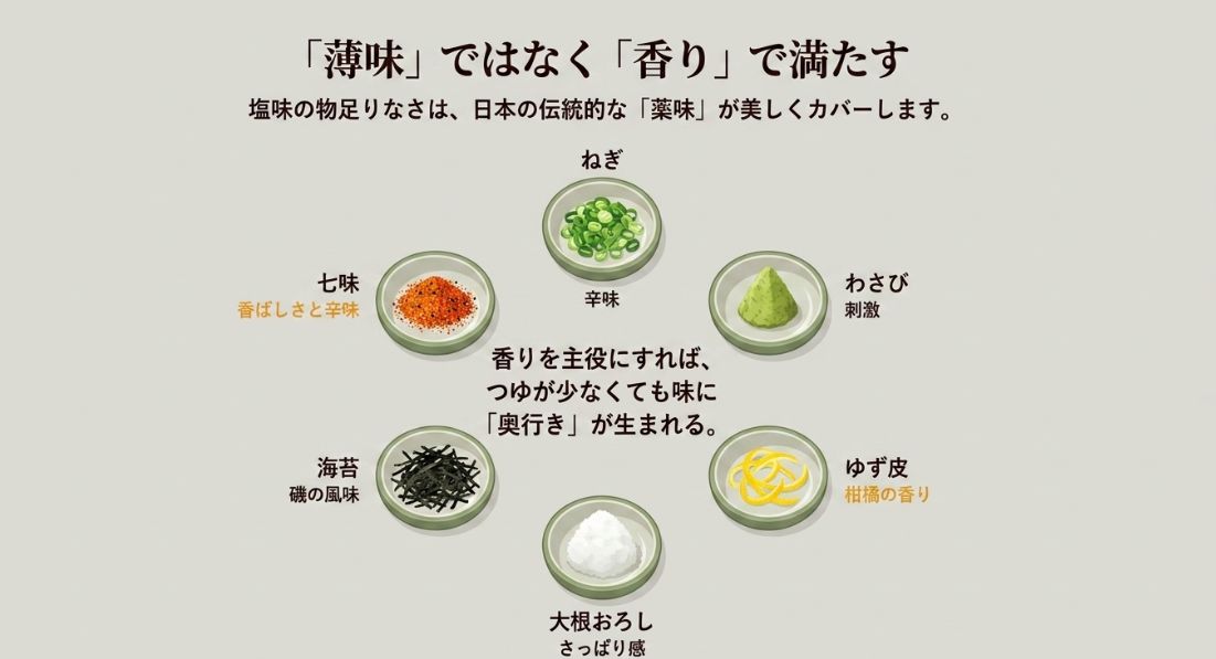 ねぎ、七味（香ばしさと辛味）、海苔（磯の風味）、わさび（刺激）、ゆず皮（柑橘の香り）、大根おろし（さっぱり感）のイラスト。