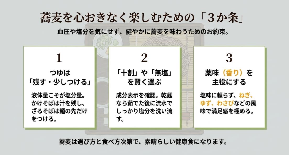 血圧や塩分を気にせず健やかに蕎麦を味わうための3か条をまとめた画像。