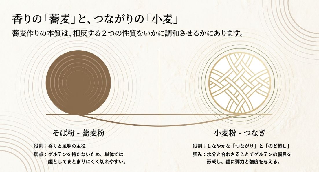 「香りの『蕎麦』と、つながりの『小麦』」というタイトルのスライド。