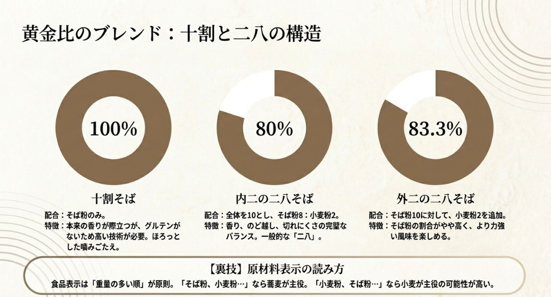 「黄金比のブレンド:十割と二八の構造」と題されたスライド。