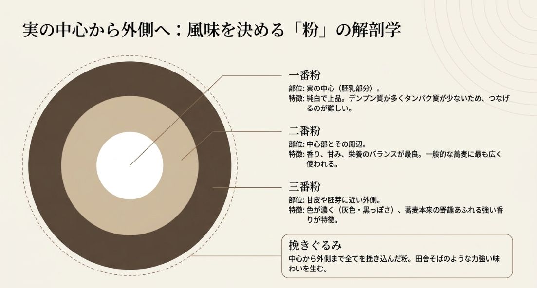 「実の中心から外側へ:風味を決める『粉』の解剖学」と題されたスライド。