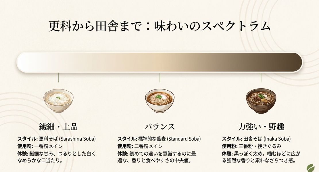 「更科から田舎まで:味わいのスペクトラム」と題されたスライド。一番粉メインの「更科そば(繊細・上品、白くなめらか)」、二番粉メインの「標準的な蕎麦(バランス、香りと食べやすさ)」、三番粉・挽きぐるみメインの「田舎そば(力強い・野趣、黒っぽく太め)」のスタイルと体験の違いが、蕎麦のイラストと共に比較されている。