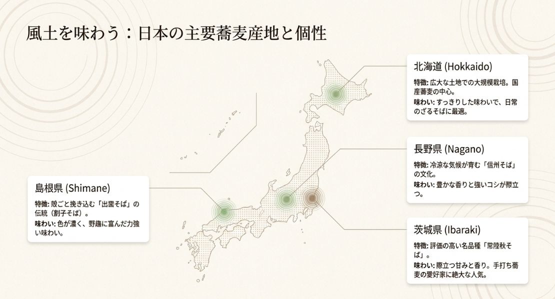 「風土を味わう:日本の主要蕎麦産地と個性」と題されたスライド。北海道(大規模栽培、すっきり日常用)、島根県(出雲そば、色が濃く野趣)、長野県(信州そば、豊かな香りと強いコシ)、茨城県(常陸秋そば、際立つ甘みと香り)の4つの主要産地とその特徴・味わいがまとめられている。