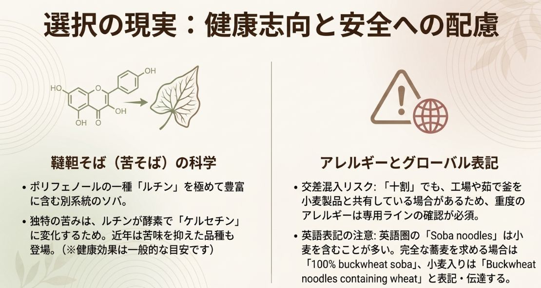 「選択の現実:健康志向と安全への配慮」と題されたスライド。韃靼そば(ルチンが豊富、ケルセチンに変化して苦みが出る)の科学についての解説と、アレルギー対策(十割でも工場での交差混入リスクがあるため専用ラインの確認が必要)、英語表記(100% buckwheat sobaと小麦入りの使い分け)の注意点が記載されている。