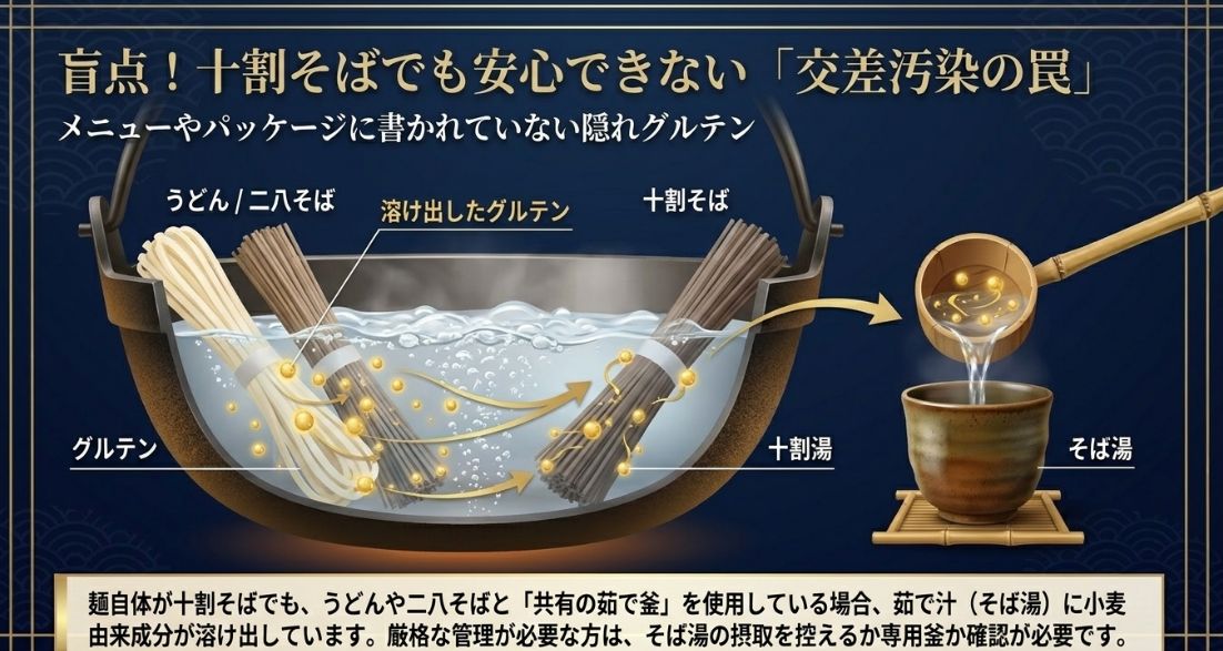 同じ茹で釜を使用することで、十割そばやそば湯に小麦由来のグルテンが溶け出す「交差汚染」の仕組みを解説したイラストスライド。