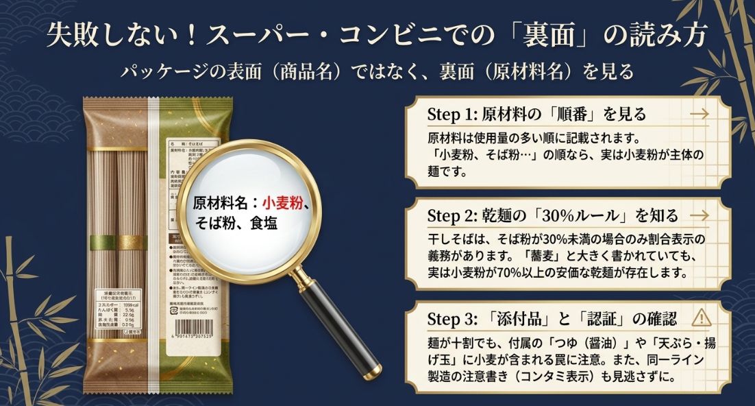 原材料の記載順、乾麺の30%表示ルール、つゆや添付品の確認など、市販品を選ぶ際のチェック手順をまとめたスライド。