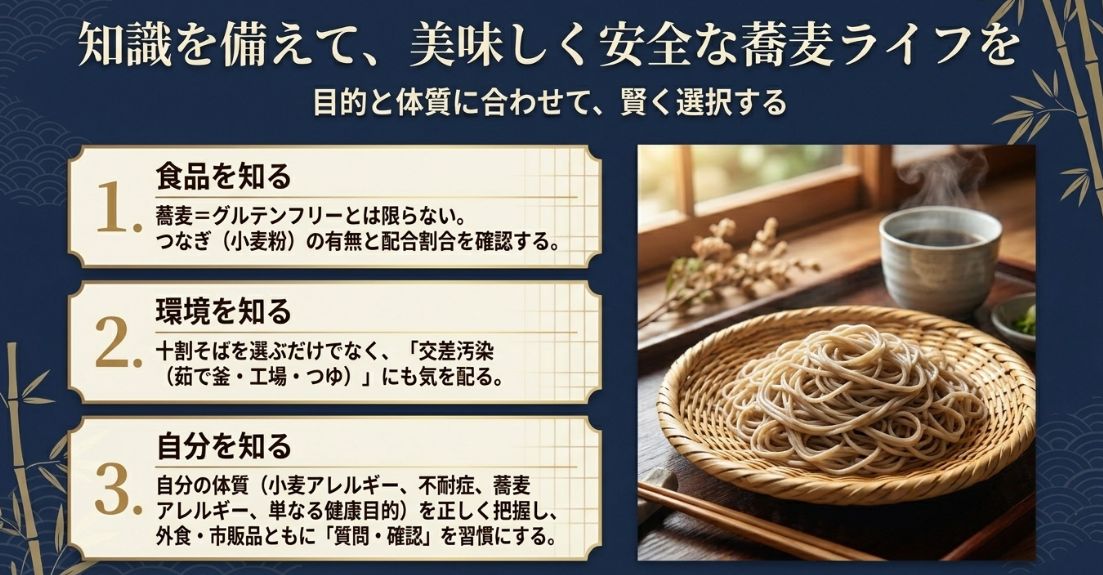 「食品・環境・自分」の3つを知ることで、目的に合わせて賢く選択するためのまとめスライド。