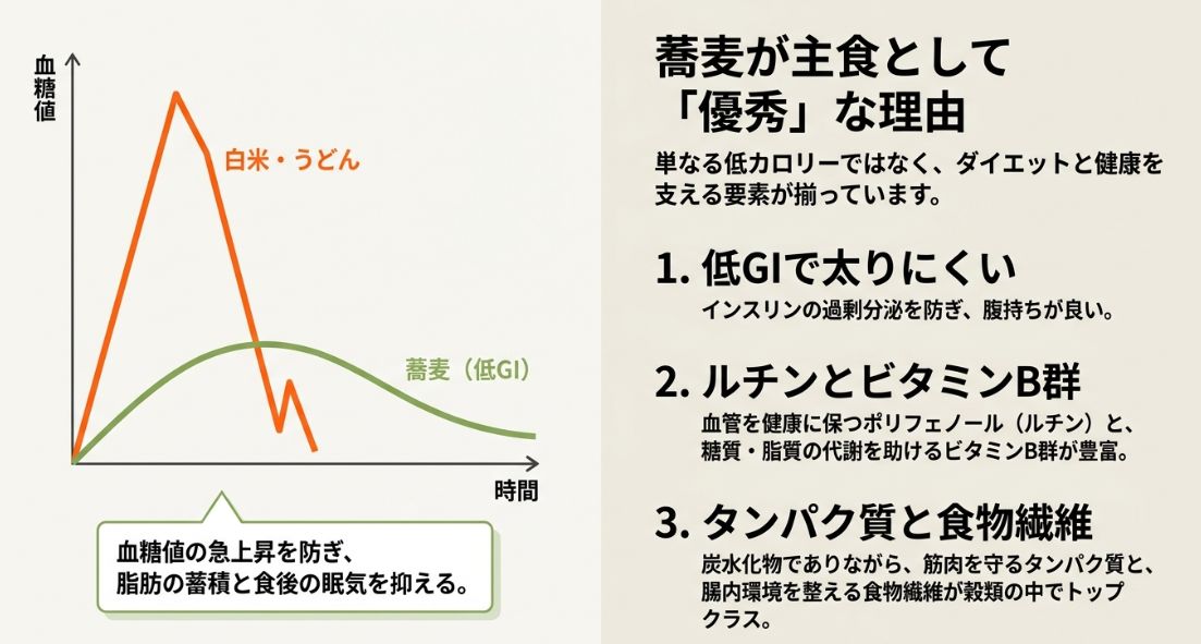 白米・うどんと比較して蕎麦は低GIであり、血糖値の急上昇を防ぎ、脂肪の蓄積や食後の眠気を抑えることを示す比較グラフと栄養学的メリットの解説 。