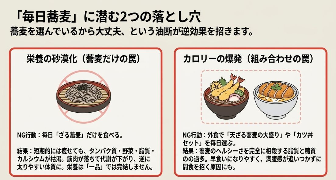 ざる蕎麦だけを食べる「栄養の砂漠化」と、天ぷらやカツ丼をセットにする「カロリーの爆発」という、避けるべき2つのNG行動を示すイラスト 。