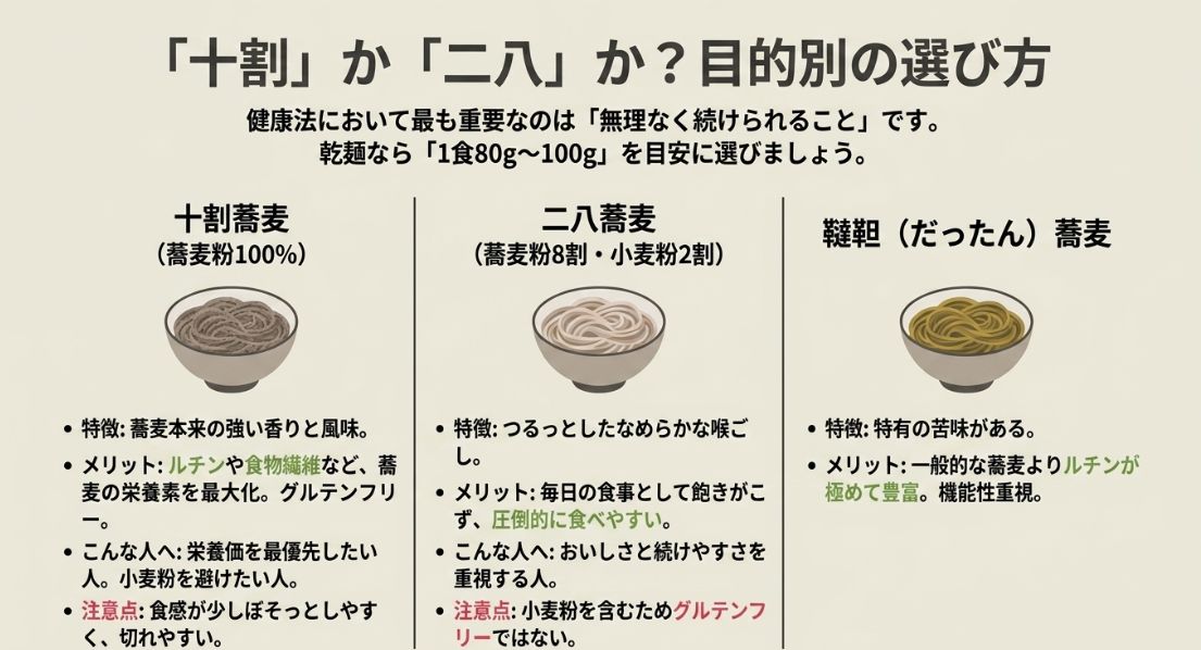 十割蕎麦（栄養優先）、二八蕎麦（おいしさ・続けやすさ重視）、韃靼蕎麦（機能性重視）のそれぞれの特徴とメリットをまとめた比較表 。