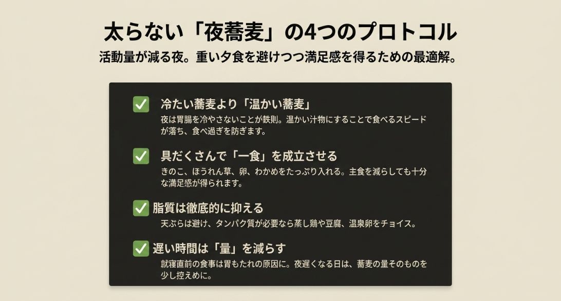 夜の蕎麦は温かいものを選び、具だくさんにして満足感を高め、脂質を抑え、遅い時間は量を減らすといった4つのルール 。