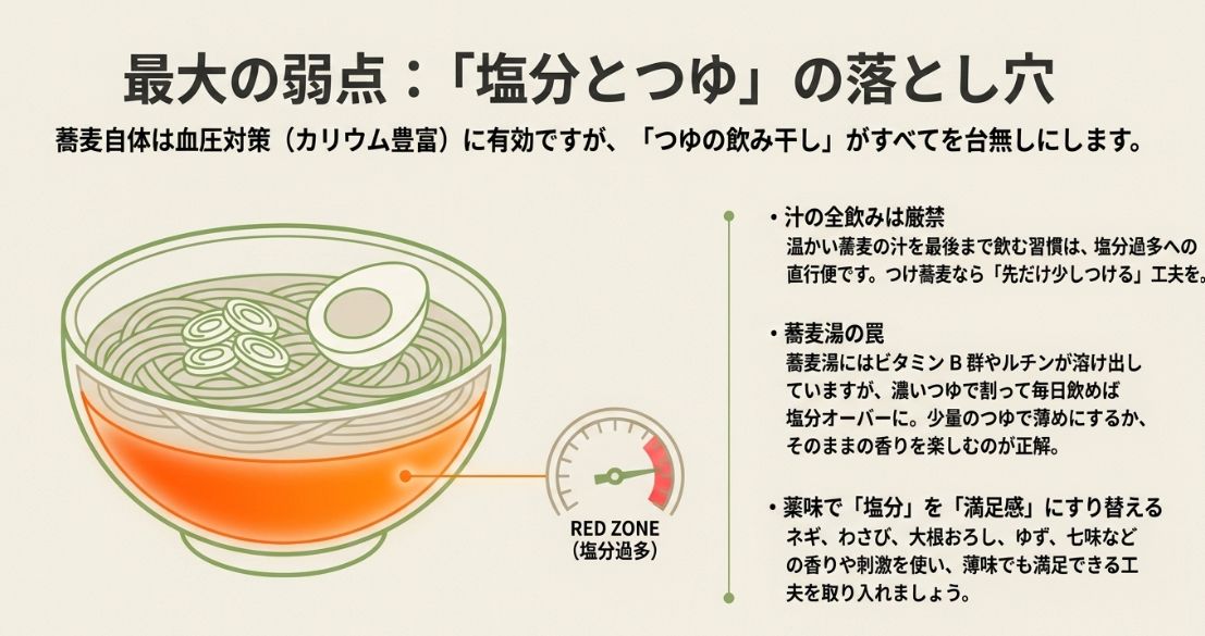 汁を飲み干さない、薬味（ネギ、わさび、大根おろし等）を活用する、蕎麦湯をつゆで割りすぎないといった、塩分過多を防ぐための注意点 。