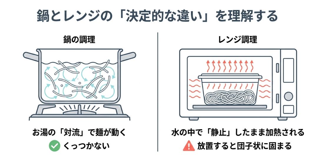 鍋はお湯の対流で麺が動くが、レンジは静止したまま加熱されるため麺が固まりやすいことを示す比較図