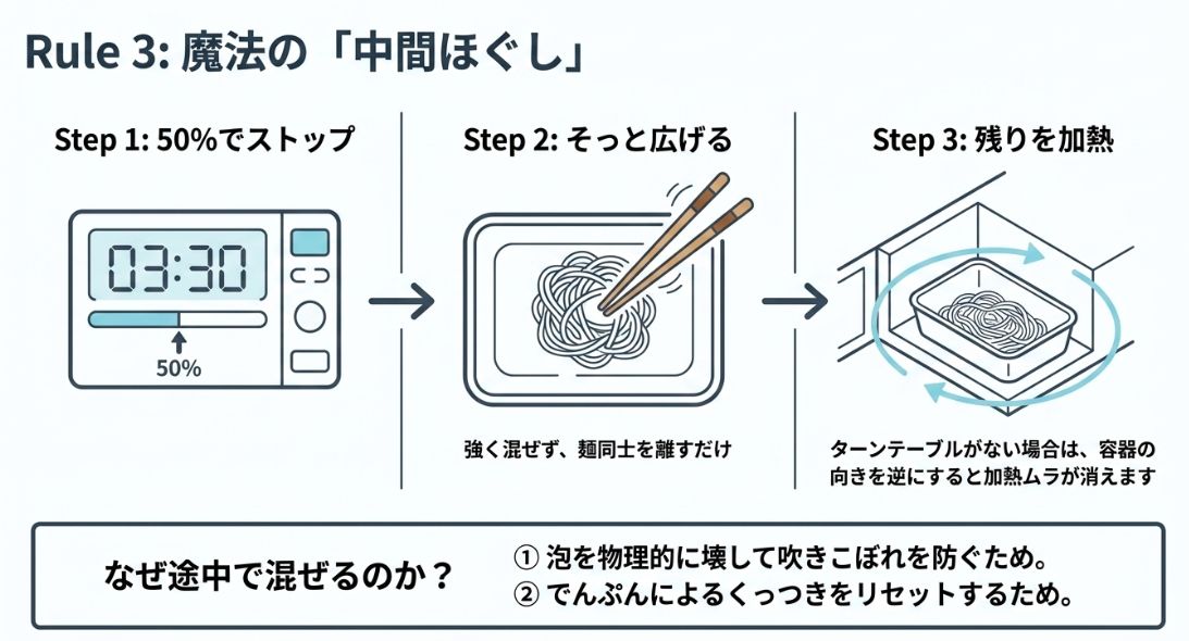 加熱時間の50%で一度止め、麺をそっと広げてから残りを加熱する手順の解説図