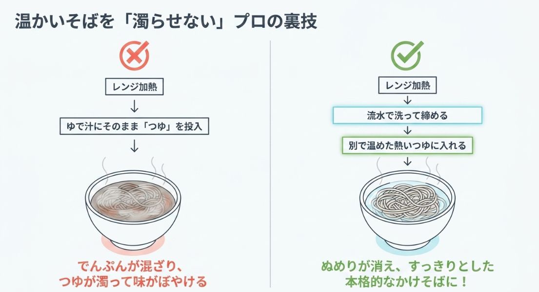 ゆで汁に直接つゆを入れず、一度流水で締めた麺を別の熱いつゆに合わせる正しい手順の比較図