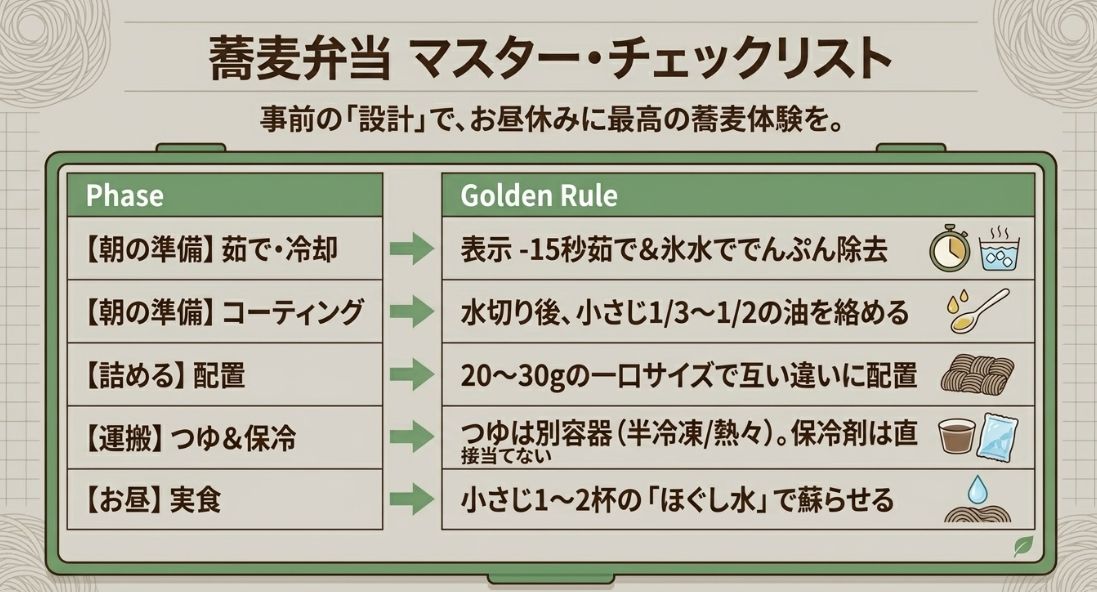 茹で・冷却、コーティング、配置、運搬、実食の各ステップにおける「黄金のルール」を一覧にした最終確認表です 。