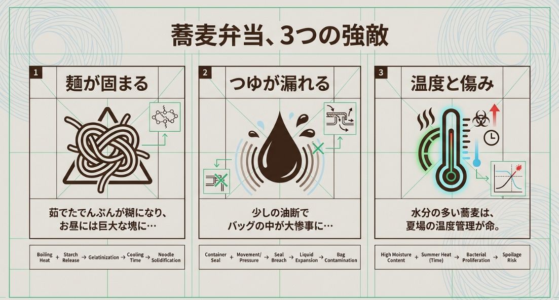 蕎麦弁当で失敗しやすい「麺が固まる」「つゆが漏れる」「温度と傷み」という3つの注意点を説明する概念図です 。
