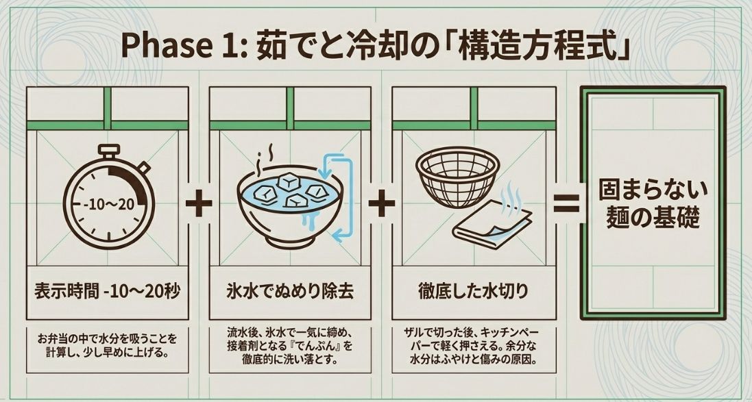 表示時間より10〜20秒早めに茹で上げ、氷水でぬめりを除去し、徹底的に水切りをする工程の図解です 。