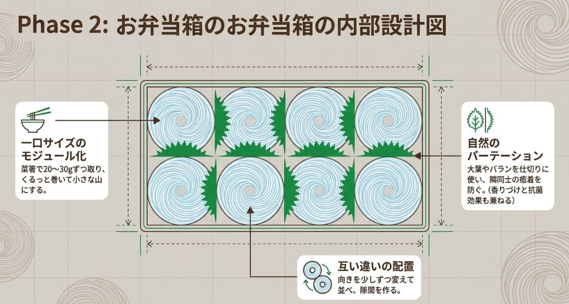 20〜30gずつ一口サイズに丸める「モジュール化」、向きを交互にする配置、大葉を仕切りに使う方法を示した図です 。