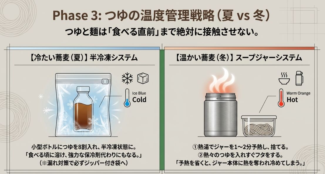 夏場に有効な「つゆの半冷凍システム」と、冬場に有効な「スープジャーシステム」のそれぞれのメリットと手順の解説です 。