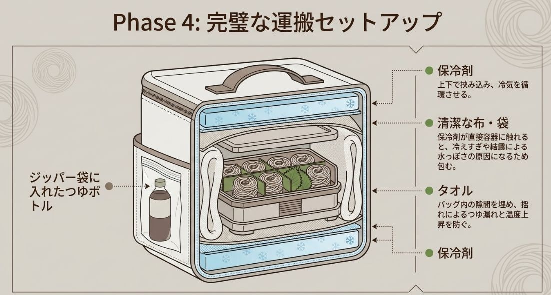 保冷バッグ内で保冷剤を上下に配置し、結露防止のタオルや隙間を埋める梱包方法、ジッパー袋に入れたつゆボトルの配置例です 。
