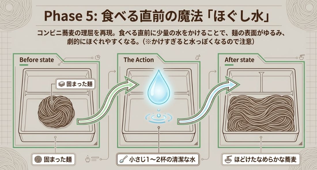 固まった麺に小さじ1〜2杯の水をかけることで、麺がなめらかにほどける様子を再現したBefore/Afterの比較図です 。