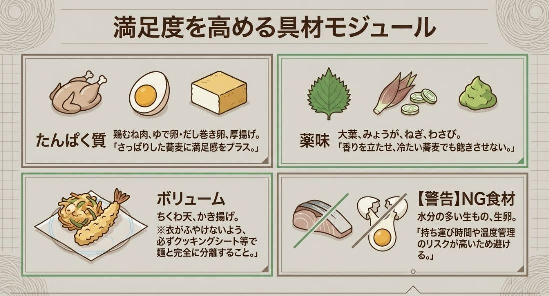 たんぱく質（鶏肉、卵）、ボリューム（天ぷら）、薬味の具材例と、水分が多い生もの・生卵を避けるべき警告です 。