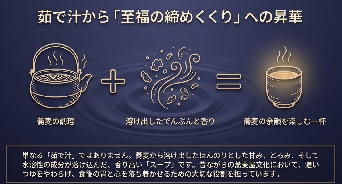 蕎麦の調理によってでんぷんと香りが溶け出し、蕎麦の余韻を楽しむ一杯(スープ)へと昇華するプロセスを、鍋や湯呑みのイラストと共に解説したスライド 。