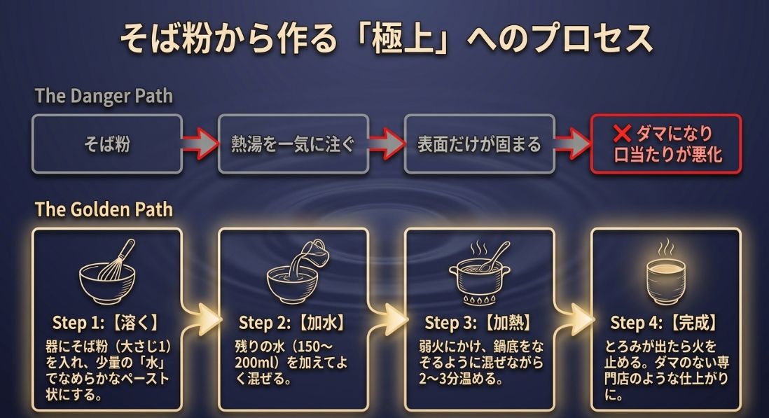 熱湯を一気に注いでダマになる「危険なルート(The Danger Path)」と、水で溶いてから加水し、弱火で 混ぜながら温める「黄金のルート(The Golden Path)」の4ステップを比較・解説したスライド 。