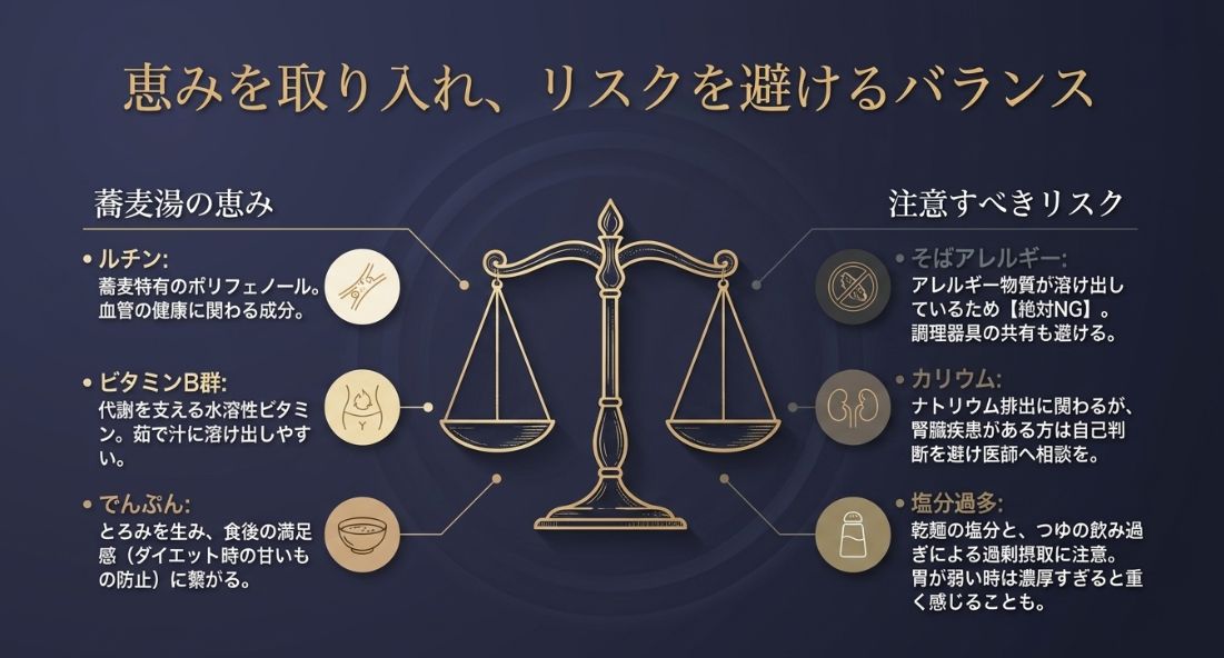 天秤のイラストを交えて、左側に「蕎麦湯の恵み(ルチン、ビタミンB群、でんぷん)」、右側に「注意すべきリスク(そばアレルギー、カリウム、塩分過多)」を配置し、バランスの重要性を説いたスライド 。