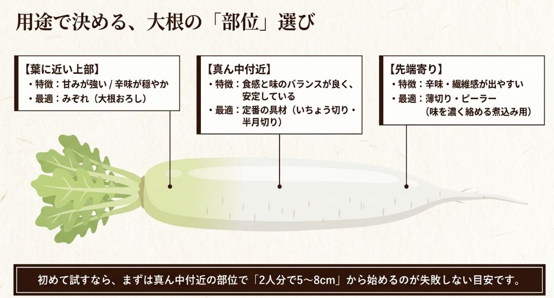 葉に近い上部（甘い・みぞれ用）、真ん中（バランス良・定番具材用）、先端（辛い・煮込み用）という部位ごとの特徴と適した調理法を解説するスライド 。