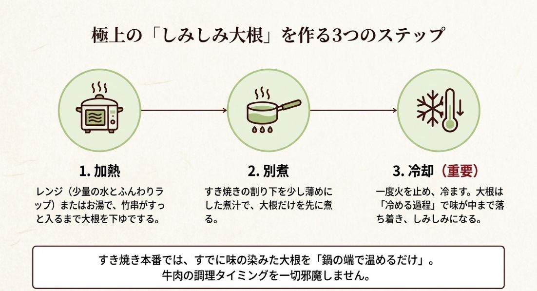 1.加熱（下ゆで）、2.別煮（割り下で煮る）、3.冷却（冷まして味を染み込ませる）の3工程をアイコン付きで紹介するスライド 。