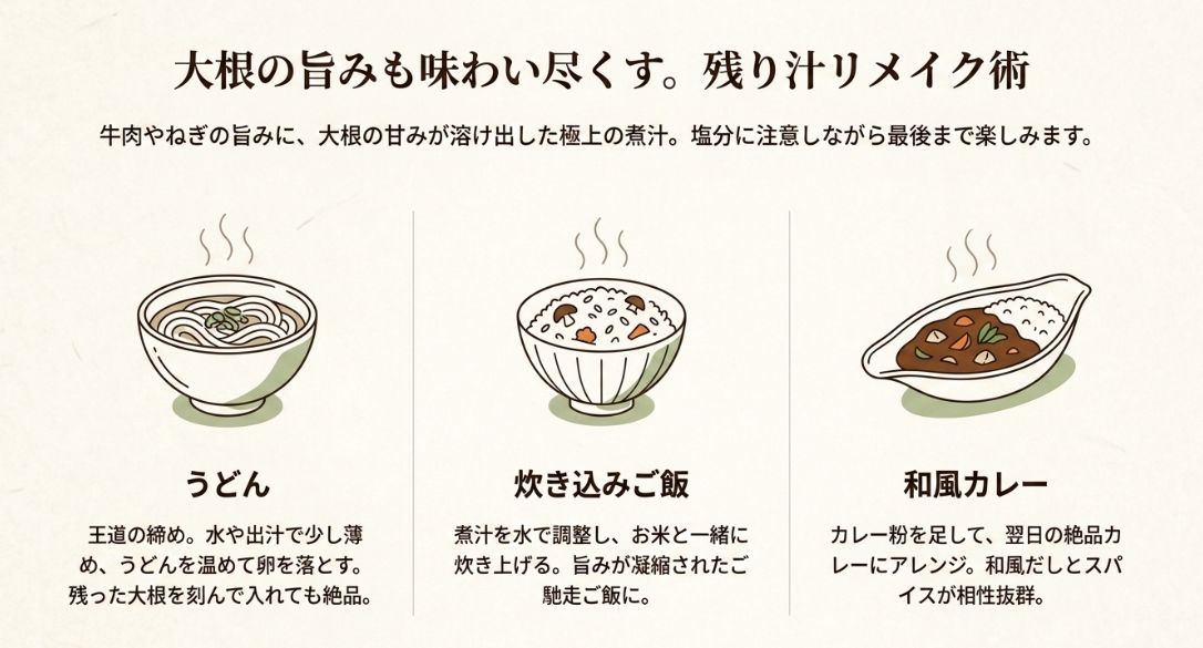 うどん、炊き込みご飯、和風カレーという3種類のリメイクアイデアをイラスト付きで紹介するスライド 。