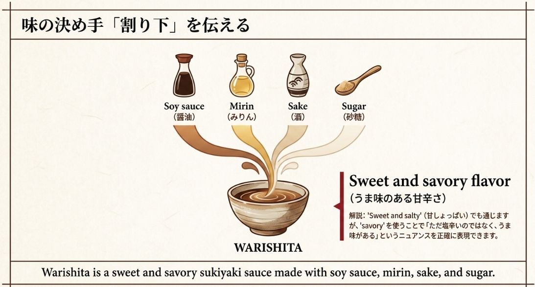 醤油、みりん、酒、砂糖が器に注がれ、割り下を作る様子と「sweet and savory flavor」「Warishita is a sweet and savory sukiyaki sauce…」の英文が示されている。