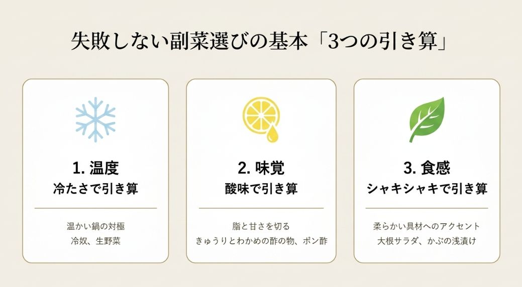 温度（冷たさ）、味覚（酸味）、食感（シャキシャキ）の3つのポイントと、それぞれの具体例（冷奴、酢の物、大根サラダ）をまとめたリスト。