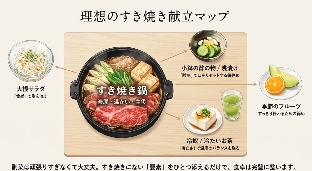 すき焼きを中心に、小鉢、冷奴、フルーツを配置して、温度・味・食感のバランスが完璧に整った食卓をイメージしたまとめ図。