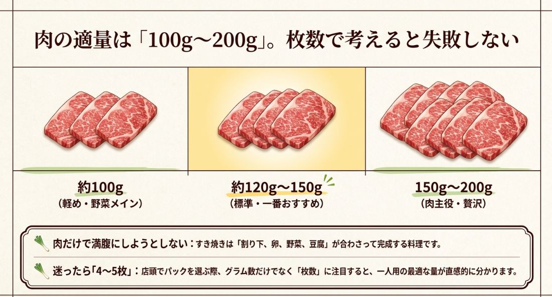 すき焼き一人前の肉の適量は100gから200g 。100gは軽め 、120gから150gが標準 、150gから200gは贅沢という目安を示す画像 。