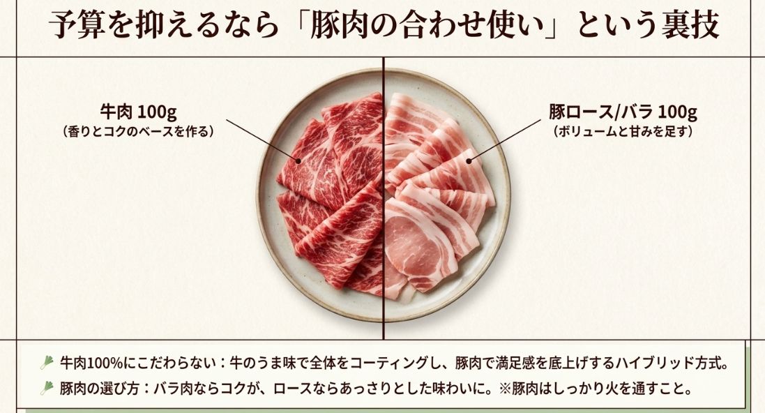 予算を抑えるための豚肉の合わせ使い 。牛肉100gと豚肉100gで作るハイブリッド方式の解説 。