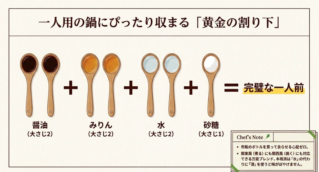 一人用の鍋にぴったり収まる黄金の割り下 。醤油、みりん、水、砂糖のブレンド比率 。
