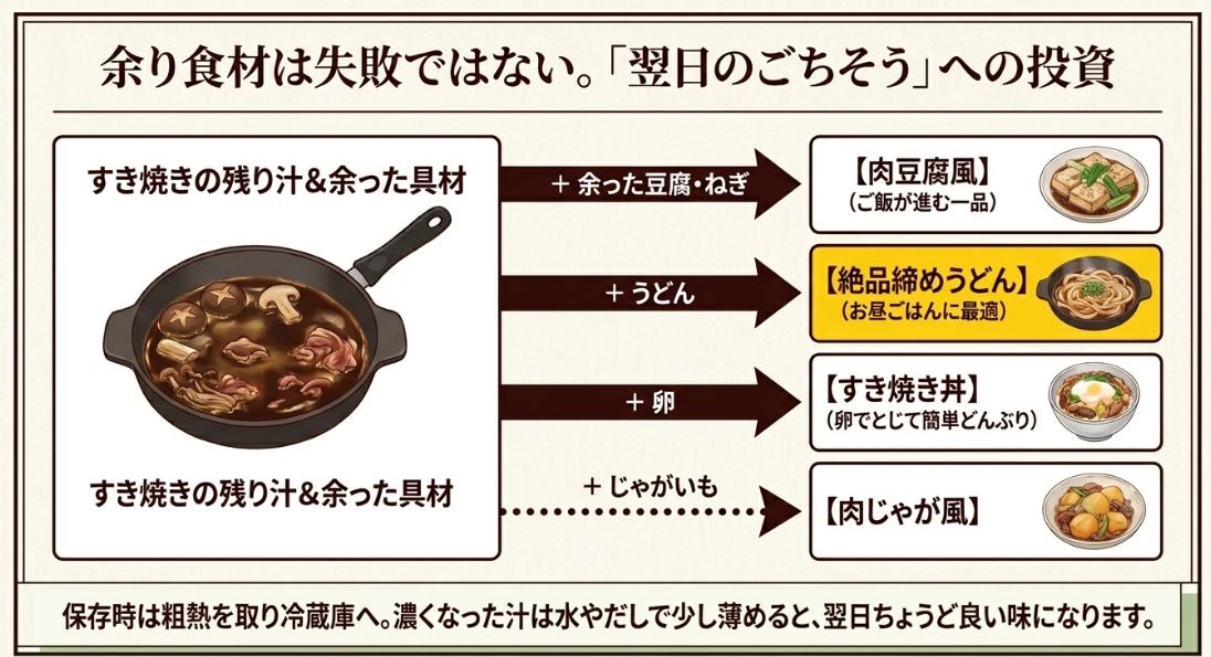 翌日のごちそうへの投資 。肉豆腐風、絶品締めうどん、すき焼き丼、肉じゃが風へのリメイクアイデア 。