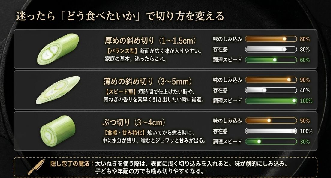 厚め斜め切り、薄め斜め切り、ぶつ切りの3種類について、味のしみ込み、存在感、調理スピードを数値化した比較図。
