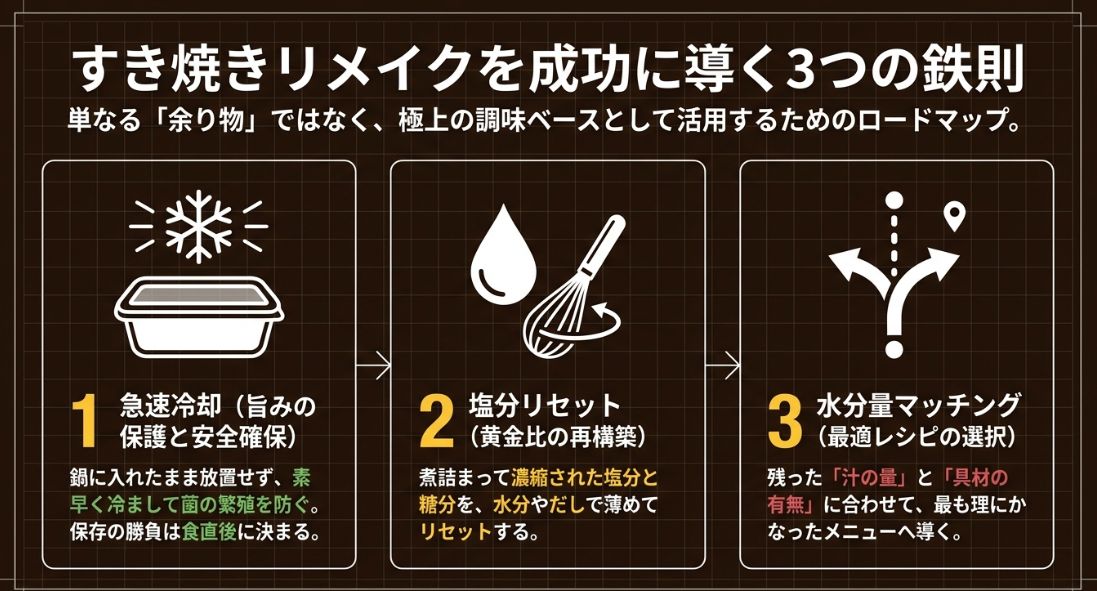 急速冷却、塩分リセット、水分量マッチングの3つのルールを説明するロードマップ。